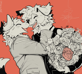 anthro blush bouquet clothing duo flower flower_bouquet happy jacket male male/male nuzzling plant rose_(flower) topwear littlearrowdog canid canine canis domestic_dog mammal hi_res