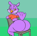 anthro beak big_butt bottomless brown_eyes butt chair cheek_spots clothed clothing eyebrows eyelashes feathers female furniture green_background half-closed_eyes head_tuft narrowed_eyes on_chair orange_clothing purple_tail shaking_butt shirt simple_background sitting sitting_on_chair smile solo tail tail_feathers tank_top thick_thighs topwear tuft yellow_beak 83exor super_planet_dolan melissa_morgan avian bird 2022 2d_animation animated