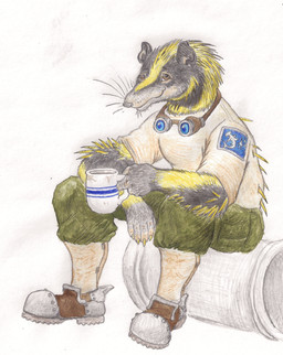 5_fingers anthro barrel biped black_body black_fur boots bottomwear brown_eyes cargo_shorts claws clothed clothing container cup eyewear fingerless_(marking) fingers footwear fully_clothed fur furgonomics goggles green_bottomwear green_clothing holding_container holding_cup holding_object humanoid_hands looking_up male multicolored_body multicolored_fur relaxing shirt shoes shorts simple_background sitting smile snout solo spines tan_body tan_claws tan_clothing tan_fur tan_topwear topwear whisker_spots whiskers white_background yellow_body yellow_fur zaphkiellane afrosoricid lowland_streaked_tenrec mammal streaked_tenrec tenrec 2015 absurd_res colored_pencil_(artwork) full-length_portrait graphite_(artwork) hi_res painting_(artwork) portrait traditional_media_(artwork) traditional_painting_(artwork) traditional_watercolor_(artwork) watercolor_(artwork)