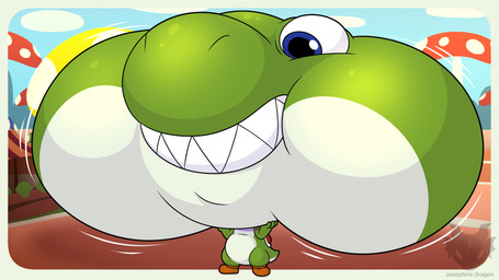 ambiguous_gender big_cheeks big_head blue_eyes blue_sky border brown_clothing brown_footwear cheek_expansion clothing countershading fingers footwear footwear_only green_body green_border hands_on_own_head head_expansion huge_cheeks huge_head hyper hyper_cheeks hyper_head hyper_inflation inflation logo mostly_nude no_navel puffed_cheeks sharp_teeth sky solo tail teeth white_body white_countershading jouigidragon mario_bros nintendo green_yoshi yoshi 16:9 2026 artist_logo digital_media_(artwork) full-length_portrait hi_res portrait shaded watermark widescreen