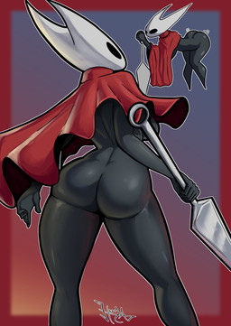 2_horns 5_fingers anthro big_butt biped black_body black_eyes border breasts butt cloak cloak_only clothing cocked_hip empty_eyes female fingers holding_melee_weapon holding_object holding_weapon horn melee_weapon motion_lines rear_view red_border red_cloak red_clothing solo standing thick_thighs weapon white_body wide_hips hoja_dp hollow_knight_(franchise) team_cherry hornet_(hollow_knight) arthropod insect 2025 absurd_res hi_res signature