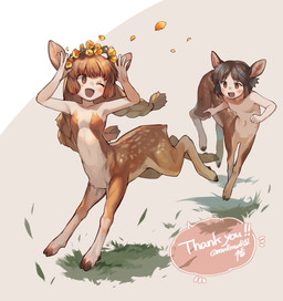 animal_ears breasts brown_body brown_fur brown_hair casual_nudity duo featureless_breasts female flower flower_crown fur hair hooves light_body light_skin male naturally_censored navel nude nude_taur plant quadruped small_breasts young mullmull deer deer_taur humanoid_taur mammal mammal_taur taur
