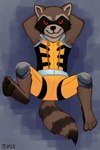 anthro brown_body brown_fur clothed clothing countershade_feet countershading feet fur jumpsuit looking_at_viewer male red_eyes simple_background smile solo tail sylo guardians_of_the_galaxy marvel rocket_raccoon mammal procyonid raccoon 2:3 absurd_res digital_media_(artwork) hi_res