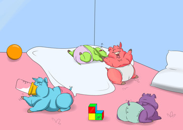 ambiguous_feral ambiguous_gender baby_bottle ball bedding blanket blue_body blue_fur brown_hooves clothed clothing diaper drinking eyes_closed feral fur furgonomic_diaper furgonomics green_body green_fur group happy hooves lying milk monotone_body monotone_fur motion_lines neonate on_back open_mouth overweight pillow pink_body pink_diaper pink_fur purple_body purple_fur simple_background sitting sleeping sound_effects spread_arms sucking tail tail_motion tailwag text toy_block vowelless vowelless_sound_effect wearing_diaper white_diaper wings yawn young young_ambiguous young_feral zzz z05 fluffy_pony mythology equid equine fluffy_pony_(species) mammal mythological_creature mythological_equine pegasus 2026 absurd_res artist_name digital_media_(artwork) hi_res shaded