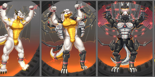 anthro black_body black_horn brainwashing chin_spikes claws cuff_(restraint) dorsal_fin dorsal_frill ear_fins facial_horn facial_spikes fin forced forced_transformation frill_(anatomy) gold_body grey_body horn hypnosis machine machine_transformation male mechanical_arm mechanical_arms mechanical_body mechanical_claw mechanical_hand mechanical_hands mechanical_leg mechanical_legs mechanical_limb mechanical_limbs mechanical_parts mechanical_tail mechanical_wing mechanical_wings mind_control multicolored_body muscular muscular_male nose_horn red_eyes restraints solo spikes spikes_(anatomy) spines synthetic transformation white_body wings wrist_cuffs yellow_eyes glaucablitz mythology negadrake sol_(drgnsol) dragon hybrid mechanical_dragon mythological_creature mythological_scalie scalie 2025 absurd_res hi_res