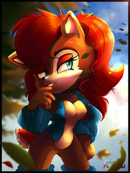 5_fingers anthro blue_eyes boots boots_only bottomless breasts clothed clothing cloud eyelashes featureless_breasts featureless_crotch female fingers footwear footwear_only glistening glistening_eyes hair leaf mostly_nude plant pointy_ears prick_ears red_hair scut_tail shoes short_tail smile solo tail topwear topwear_only tree vest vest_only syrupsss sega sonic_the_hedgehog_(satam) sonic_the_hedgehog_(series) sally_acorn chipmunk ground_squirrel mammal rodent sciurid 3:4 hi_res