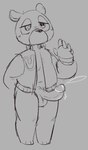 anthro balls blush bodily_fluids bottomless clothed clothing erection genital_fluids genitals jacket letterman_jacket lidded_eyes male penis precum solo topwear digboye kanye_west dropout_bear bear mammal sketch