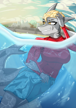 abs anthro athletic athletic_female beach big_breasts blue_bottomwear blue_clothing blue_shorts bottomwear breasts clothing female glistening glistening_body glistening_skin hair morning non-mammal_breasts red_clothing red_swimwear reflection sea shore shorts solo swimming swimwear water water_reflection wet wet_hair shuiroraijin aquatic fish great_white_shark mackerel_shark shark white_shark hi_res