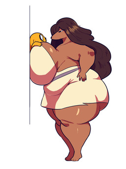 4_toes 5_fingers anthro anthro_on_anthro between_breasts big_breasts big_butt black_eyes breasts brown_body brown_fur butt duo eye_contact feet female fingers fur hair hand_on_hip huge_breasts huge_butt huge_thighs larger_anthro larger_female long_hair looking_at_another male male/female no_pupils overweight overweight_anthro overweight_female side_view simple_background size_difference smaller_anthro smaller_male thick_thighs toes white_background white_eyes yellow_body yellow_fur astonarts adventure_time cartoon_network jake_the_dog samantha_(adventure_time) canid canine canis domestic_dog mammal 2026 absurd_res hi_res