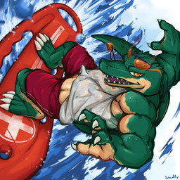 4_fingers 4_toes anthro barefoot biped claws clothed clothing countershading eyewear fangs feet fingers fully_clothed lifeguard male muscular muscular_anthro muscular_male open_mouth solo sunglasses teeth toe_claws toes water whistle_(object) waddledox league_of_legends riot_games tencent pool_party_renekton renekton crocodilian reptile scalie 1:1 2014 hi_res
