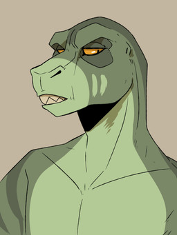 anthro glistening glistening_eyes green_body looking_aside male narrowed_eyes simple_background solo tan_background tan_teeth teeth unsigned swampjaws sylvester_(imperatorcaesar) lizard reptile scalie 3:4 absurd_res bust_portrait hi_res portrait