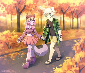 accessory anthro autumn autumn_leaves beanie black_clothing black_shirt black_topwear bottomwear branch cargo_shorts checkered checkered_clothing checkered_shirt checkered_topwear chest_tuft clip_accessory clothing cobblestone crop_top dating detailed_background digitigrade duo eyebrows eyelashes eyelashes_through_hair eyewear female fingerless_gloves floppy_ears footwear fur glasses gloves grass grin hair hair_accessory hairclip hand_holding handwear hat headgear headwear highlights_(coloring) jewelry leaf leaves_on_ground long_sleeves looking_at_another looking_at_partner male male/female navel necklace orange_hair oversized_clothing park pathway pattern_clothing pattern_shirt pattern_topwear plaid plaid_clothing plaid_topwear plant pleated_skirt pupils purple_body purple_clothing purple_eyes purple_footwear purple_fur purple_shoes red_eyes romantic romantic_couple sandals scenery shirt shoes shorts shrub size_difference skirt slim slippers smile spandex spandex_shorts striped_clothing stripes tail temporary_tattoo text tight_bottomwear tight_clothing tight_shorts timid topwear translucent translucent_hair tree tuft twintails_(hairstyle) unusual_eyes vignette walking wearing_glasses white_body white_fur white_pupils wristband layzerkek korinna_(dangerdash05) sixy canid canine fox lagomorph leporid mammal rabbit absurd_res film_grain hi_res watermark