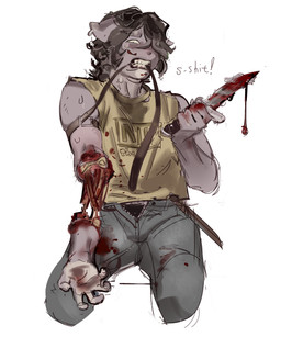 amputation anthro belt biting_object blood blood_on_clothing blood_on_object blood_on_weapon bodily_fluids bone bottomwear brown_hair clenched_teeth clothed clothing denim denim_bottomwear denim_clothing dismemberment ear_piercing ear_ring gore grey_body grey_skin hair hair_over_eye highlights_(coloring) holding_object holding_weapon jeans knife looking_down missing_arm muscular open_bottomwear open_clothing open_pants pants piercing ring_piercing severed_arm severed_body_part severed_limb short_hair simple_background sleeveless_shirt sweat sweatdrop teeth text text_on_clothing tourniquet vein weapon white_highlights yellow_eyes ddcrushh dylan_(ddcrushh) felid feline mammal absurd_res digital_drawing_(artwork) digital_media_(artwork) hi_res trans_(lore) trans_man_(lore)