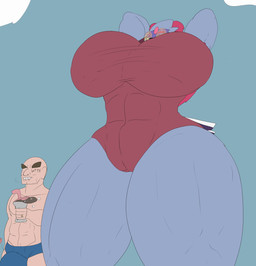 anthro bald beverage big_breasts blue_background blue_body breasts camel_toe clothing cloud duo female genitals holding_beverage holding_object male male/female muscular muscular_female one-piece_swimsuit pokemorph raised_arms red_eyes simple_background smile standing swimwear vulva pleasantlyplumpthiccness nintendo pokemon generation_8_pokemon human mammal pokemon_(species) sneasler hi_res