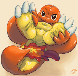 anthro bulge claws feet inflatable latex male nozzle orange_body simple_background solo toes stormdragonblue nintendo pokemon animate_inanimate charmander generation_1_pokemon living_inflatable living_pool_toy pokemon_(species) 2026 absurd_res digital_media_(artwork) hi_res