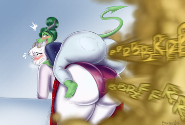 anthro big_butt blush butt butt_stack clothed clothing duo fart fart_fetish female female/female female_farting panties sound_effects underwear upskirt baphowet mythology bovid caprine dragon goat mammal mythological_creature mythological_scalie scalie hi_res