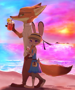 anthro barefoot beach belt bottomwear claws clothed clothing detailed_background dress duo feet female fur looking_at_viewer male outside pants sand seaside shirt smile sunset toe_claws topwear swetpot disney zootopia judy_hopps nick_wilde canid canine fox lagomorph leporid mammal rabbit red_fox true_fox 2017 digital_media_(artwork) hi_res shaded