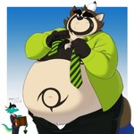 anthro belly black_body bodily_fluids bottomwear brown_body brown_fur clothed clothing duo fur humanoid_hands male navel necktie obese obese_male open_clothing open_shirt open_topwear overweight overweight_male pants shirt sweat topwear pokelai lifewonders live_a_hero shoen canid canine mammal raccoon_dog tanuki 1:1 2021 hi_res