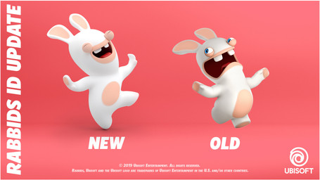 ambiguous_anthro ambiguous_gender anthro buckteeth comparing copyright_symbol duo eyes_closed featureless_crotch fur hand_pawpads lidded_eyes light logo long_ears mitten_hands noseless nude_ambiguous nude_anthro on_one_leg open_mouth open_smile pawpads red_background red_tongue running simple_background smile spread_arms standing symbol tan_body tan_eyelids tan_inner_ear tan_pawpads tan_skin teeth text tongue white_body white_fur year perrine_lozinguez raving_rabbids rayman_(series) ubisoft lagomorph mammal rabbid 16:9 2019 3d_(artwork) autodesk_maya_(artwork) colored digital_media_(artwork) english_description english_text hi_res lighting official_art shaded widescreen