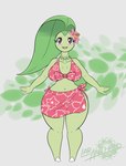 anthro big_breasts breasts brown_eyes clothed clothing eyelashes female fingers flower green_body green_text looking_at_viewer number open_mouth open_smile plant simple_background smile solo standing text tongue white_sclera wide_hips latiar nintendo pokemon chikorita generation_2_pokemon pokemon_(species) artist_name english_text hi_res