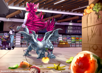 anthro blue_eyes dragging_another duo_focus eating eating_food feral food fruit grey_body grey_scales grocery_store group low-angle_view male membrane_(anatomy) membranous_wings plant scales scratch_mark wings worm's-eye_view errokioslem mythology avali dragon mythological_creature mythological_scalie scalie full-length_portrait portrait