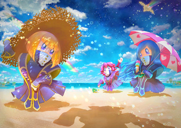 ambiguous_gender beach beach_umbrella blonde_hair blue_eyes blue_hair clothed clothed_female clothed_humanoid clothing cloud day dessert detailed_background female feral flying food gesture group hair hat headgear headwear holding_food holding_ice_cream holding_object holding_umbrella humanoid_focus ice_cream looking_at_viewer not_furry_focus offscreen_character outside parasol rainbow red_hair sand sea shadow sky star starry_sky straw_hat tan_body tan_skin trio_focus umbrella water waving waving_at_viewer wearing_hat tsuyoshi_fujita kirby_(series) kirby_star_allies nintendo flamberge_(kirby) francisca_(kirby) hyness_(kirby) kirby zan_partizanne_(kirby) ambient_arthropod ambient_crab ambient_crustacean ambient_sealife coner humanoid male_(lore)