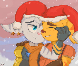 blue_eyes christmas_clothing christmas_headwear clothing cybernetic_arm cybernetic_limb duo ear_piercing female fur gloves handwear hat headgear headwear holidays male male/female nuzzling piercing romantic romantic_ambiance romantic_couple santa_hat scarf snow star sunset white_body white_fur yellow_body yellow_fur revov_drawings christmas ratchet_and_clank sony_corporation sony_interactive_entertainment ratchet_(ratchet_and_clank) rivet_(ratchet_and_clank) lombax mammal hi_res