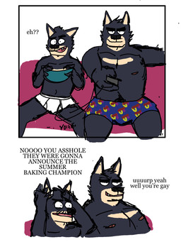 allcaps anthro blue_boxers blue_clothing blue_underwear bowl boxers_(clothing) boxers_only briefs briefs_only clothed clothing container dialogue duo facial_hair grabbing_object gums hand_on_head holding_bowl holding_container holding_object male monotone_briefs monotone_clothing monotone_underwear mustache navel nipples open_mouth print_boxers print_clothing print_underwear profanity simple_background sitting smile sound_effects stubble surprised teeth_showing text tighty_whities tongue_showing topless underwear underwear_only white_background white_briefs white_clothing white_underwear eddicus edgar_(eddicus) joel_(eddicus) canid canine canis domestic_dog husky mammal nordic_sled_dog spitz 3:4 comic english_text hi_res brother_(lore) brothers_(lore) sibling_(lore)