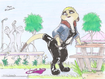 anthro belly_teats bodysuit breasts clothing female flower fountain fur_collar furniture glistening glistening_clothing inviting_to_sex jacket latex latex_bodysuit latex_clothing latex_skinsuit leather leather_clothing leather_jacket leather_topwear looking_back park picnic_table plant public raised_tail sculpture skinsuit solo statue table tail thong tight_clothing tomboy topwear underwear timon-berkowitz disney the_lion_king fan_character herpestid mammal meerkat hi_res traditional_media_(artwork)