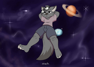 anthro black_eyes bottomwear clothing dust eyewear glasses grey_body hands_behind_back male planet saturn_(planet) serious serious_face shirt shorts solo space star t-shirt topwear twtr wolf_(twtr) canid canine canis humanoid mammal wolf