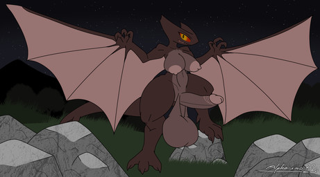 anthro balls big_breasts big_penis breasts erection genitals gynomorph huge_penis intersex membrane_(anatomy) membranous_wings night nude penis rock saggy_balls solo spread_wings standing tail winged_arms wings alphaismo gamera_(series) gyaos kaiju 2025 dated hi_res watermark