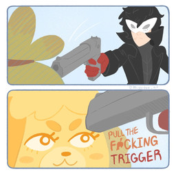 >:3 anthro big_ears close-up clothed clothing eyelashes female floppy_ears gloves gun hair handwear humor imminent_death jacket looking_up male mask ranged_weapon smile text topwear weapon meggybee animal_crossing atlus megami_tensei nintendo persona_(series) persona_5 sega super_smash_bros. super_smash_bros._ultimate isabelle_(animal_crossing) ren_amamiya canid canine canis domestic_dog human mammal shih_tzu toy_dog 1:1 comic crossover english_text hi_res