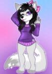 anthro biped black_hair bottomless bow_(feature) clothed clothing female fur gesture hair looking_at_viewer one_eye_closed purple_eyes simple_background solo standing sweater tongue tongue_out topwear waving white_body white_fur wink 5uicideleopard aggie arctic_fox canid canine fox mammal true_fox 2017 digital_media_(artwork)