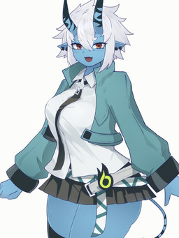 2_horns absolute_territory big_breasts blue_body blue_ears blue_skin bottomwear breasts brown_eyes clothing ear_piercing eyebrows female fingers front_view grey_hair hair head_horn horn humanoid_pointy_ears jacket legwear looking_at_viewer miniskirt not_furry open_mouth open_smile piercing pointy_ears shirt simple_background skirt smile solo tail thick_thighs thigh_highs topwear white_background white_eyebrows white_hair white_sclera yonaga asian_mythology east_asian_mythology japanese_mythology mihoyo mythology zenless_zone_zero soukaku demon horned_humanoid humanoid oni yokai 2024 3:4 hi_res portrait three-quarter_portrait
