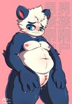 andromorph anthro big_clitoris blue_eyes blush bodily_fluids claws clitoral_hood clitoris countershading erect_nipples genital_fluids genitals intersex moobs multicolored_body nipples nude overweight overweight_andromorph overweight_intersex precum presenting presenting_vulva shy solo text vaginal_fluids vulva peakon bear giant_panda mammal chinese_text hi_res translation_check translation_request