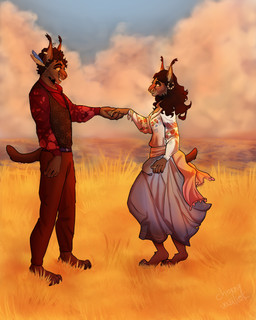 accessory alternate_species anthro blouse blue_bottomwear blue_clothing blue_skirt bottomwear bracelet brown_body brown_eyes brown_fur brown_hair clothing cloud curly_hair day detailed_background digit_ring duo ear_piercing ear_ring ear_tuft eye_contact feather_in_hair female female_anthro finger_ring fur furrification grass grin hair hair_accessory hand_holding jewelry long_hair looking_at_another loose_feather male male_anthro outside pants piercing plant red_bottomwear red_clothing red_pants red_shirt red_topwear ring_piercing shirt short_hair short_tail side_view skirt sky smile smiling_at_another smiling_at_each_other snout standing tail topwear tuft vest chorny_vasiliok the_hunger_games fan_character lucy_gray_baird caracal caracal_(genus) felid feline mammal 2025 digital_drawing_(artwork) digital_media_(artwork) shaded soft_shading brother_(lore) brother_and_sister_(lore) sibling_(lore) sister_(lore)