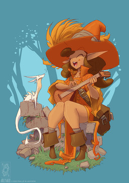 ambiguous_gender back_spikes bag black_eyes boots brick brown_hair clothed clothing dot_eyes duo eyes_closed female feral footwear fully_clothed hair hat hat_feather headgear headwear horn looking_at_another loose_feather lute musical_instrument open_mouth outside plant playing_music plucked_string_instrument scales shoes silhouette simple_eyes singing spikes spikes_(anatomy) string_instrument tan_body tan_scales tree white_body white_scales conditional_dnp jollyjack mythology dragon elf humanoid mythological_creature mythological_scalie scalie 2023 hi_res