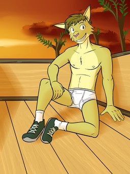 anthro briefs clothed clothing footwear green_clothing green_footwear green_shoes male nipples shoelaces shoes sitting socks solo sunset tighty_whities topless trailer_(vehicle) underwear white_briefs white_clothing white_footwear white_socks white_underwear fuze texnatsu adam_caro felid feline lynx mammal 3:4 hi_res
