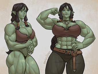 abs biceps bottomwear breasts cleavage clothed clothing deltoids female green_body green_skin hair humanoid_pointy_ears muscular muscular_female panties pants pointy_ears quads solo tusks underwear m4rjinn fraeya_(m4rjinn) humanoid orc 2022 absurd_res hi_res