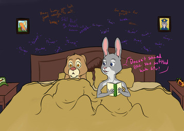 alarm_clock anthro bed blue_eyes book buckteeth carrot clock dialogue duo female food fur furniture humor lying male on_back on_bed open_mouth orange_eyes photo pillow plant teeth text vegetable koosh-ball disney zootopia bonnie_hopps judy_hopps nick_wilde stu_hopps lagomorph leporid mammal rabbit 2016 comic english_text
