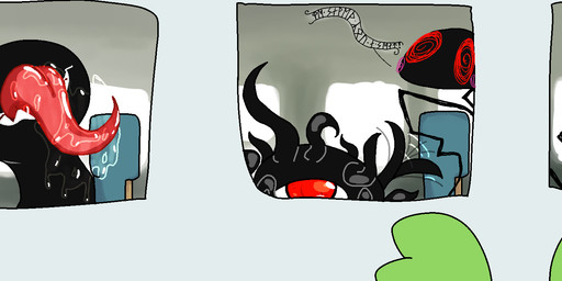1_eye ambiguous_gender black_body bodily_fluids dialogue eyeless group licking licking_glass long_tongue looking_at_viewer looking_through looking_through_window runes saliva seat sharp_teeth smearing spiral spiral_eyes stick_figure teeth tentacles tongue trio vehicle wave badday_(artist) eye_creature monster unknown_species