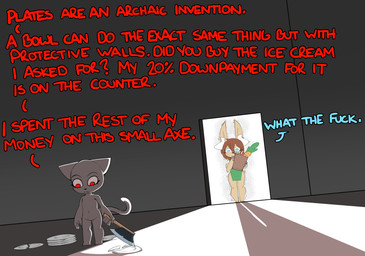 anthro axe duo female plate profanity text young young_anthro young_female npc5554 alma_(npc5554) domestic_cat felid feline felis lagomorph leporid mammal rabbit absurd_res english_text hi_res