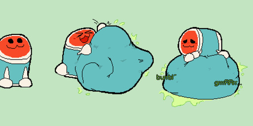 :3 >_< ambiguous_gender ambiguous_pred belly belly_bed belly_on_ground belly_reduction belly_slap big_belly black_eyes bloated blush bodily_fluids bodily_noises cheek_blush clenched_eyes closed_smile digestion digestion_noises digestion_sequence drooling drum empty_eyes eyes_closed four_frame_sequence front_view fully_inside green_background green_text half-closed_eyes hand_on_belly hand_on_own_belly huge_belly hyper hyper_belly looking_at_viewer lying lying_on_ground monotone_background monotone_belly motion_lines mouth_closed multicolored_body musical_instrument narrowed_eyes nose_blush not_furry object_pred on_front on_ground open_:3 open_mouth open_smile orange_body orange_face path_lines percussion_instrument quadruped resting_on_belly rumbling_stomach saliva satisfied side_view simple_background sitting sitting_on_ground size_difference slap slapping_own_belly slapping_self smaller_ambiguous smaller_pred smile smiling_at_viewer smug soft_vore solo sound_effects struggling struggling_prey taiko_drum teal_belly teal_body text unseen_prey vore vowelless vowelless_sound_effect white_body meatcanister taiko_no_tatsujin don_wada animate_inanimate living_musical_instrument 2026 absurd_res digital_media_(artwork) english_description full-length_portrait hi_res pixel_(artwork) portrait sequence male_(lore)