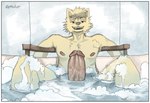 anthro bath big_penis blonde_hair border erection foam fur genitals hair looking_at_viewer male nipples nude open_mouth open_smile penis sharp_teeth smile smiling_at_viewer solo teeth water wet white_border yellow_body yellow_fur erokaiga canid canine canis domestic_dog mammal 2022 hi_res