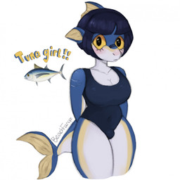 anthro bangs big_breasts biped black_hair blue_body blush breasts bulge cleavage clothed clothing ear_fins fin front_view gynomorph hair head_fin intersex looking_at_viewer monotone_background navel_outline non-mammal_breasts one-piece_swimsuit simple_background solo standing swimwear tail tail_fin text white_background white_body yellow_eyes beachfangz aquatic fish scombrid scombriform tuna digital_drawing_(artwork) digital_media_(artwork) english_text hi_res portrait signature three-quarter_portrait trans_(lore) trans_woman_(lore)
