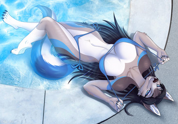 anthro big_breasts bikini bikini_pull black_hair blue_eyes breasts clothing clothing_pull female hair lying partially_submerged poolside solo swimwear swimwear_pull two-piece_swimsuit water white_body chia_mio canid canine mammal hi_res