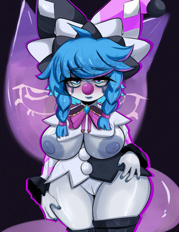 areola big_breasts biped black_background blue_eyebrows blue_eyes blue_hair blue_lips blue_nails blush bottomless bottomless_female bottomless_humanoid braided_hair breasts camel_toe clothed clothed_female clothed_humanoid clothing clown clown_costume clown_makeup clown_nose colored_nails curvy_figure dark_areola exposed_breasts eyebrows eyelashes eyeshadow female female_humanoid fingernails fingers fool's_hat front_view genitals glistening glistening_body glistening_thighs grey_body grey_skin hair hand_on_leg hand_on_own_leg hand_on_own_thigh hand_on_thigh hat headgear headwear lips looking_at_viewer makeup mouth_closed nails nipples partially_clothed partially_clothed_female pigtails pupils shortstack shortstack_female simple_background solo standing thick_thighs twin_braids vulva wide_hipped_female wide_hipped_humanoid wide_hips kindrose league_of_legends riot_games tencent shadow_(lol) surprise_party_vex_(lol) vex_(lol) humanoid yordle absurd_res hi_res