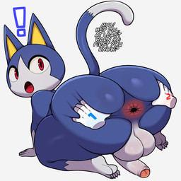5_toes all_fours anthro anus backsack balls big_balls big_butt blue_body butt dialogue disembodied_hand feet fingers foreskin genitals huge_butt humanoid_genitalia humanoid_penis looking_at_viewer looking_back looking_back_at_viewer male male_anthro male_focus nude partially_retracted_foreskin penis penis_backwards red_eyes simple_background solo_focus spread_butt spreading tail talking_to_viewer text toes white_background white_body white_text matospectoru animal_crossing nintendo rover_(animal_crossing) domestic_cat felid feline felis mammal 1:1 2025 english_text hi_res