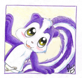 ambiguous_gender anthro blush clothed clothing diaper front_view fur glistening glistening_eyes head_tuft logo markings open_mouth open_smile purple_body purple_fur purple_tail simple_background smile solo striped_markings striped_tail stripes tail tail_markings tuft wearing_diaper white_body white_diaper white_fur white_tail yellow_eyes young young_ambiguous young_anthro pandapaco mammal mephitid skunk artist_logo half-length_portrait portrait signature traditional_media_(artwork)