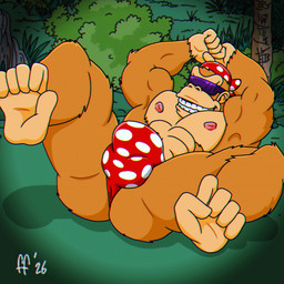 5_fingers 5_toes abs anthro biceps brown_body brown_fur bulge butt clothing detailed_bulge eyewear feet fingers fur kerchief lying male muscular muscular_anthro muscular_male nipples on_back pecs pink_nipples prehensile_feet red_clothing red_kerchief red_thong red_underwear smile solo sunglasses tan_body teeth thong toes underwear fabfelipe donkey_kong_(series) nintendo funky_kong ape gorilla haplorhine kong mammal primate 1:1 2026 digital_drawing_(artwork) digital_media_(artwork) hi_res
